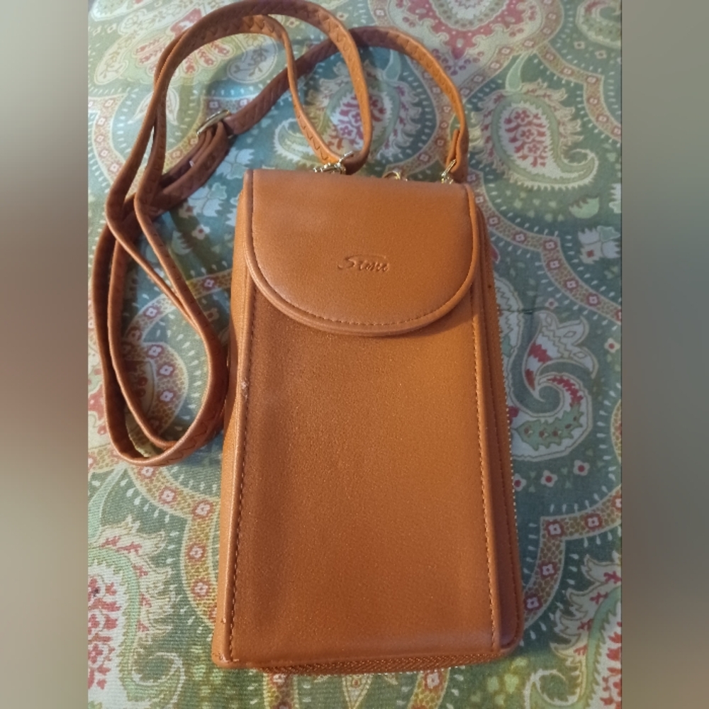 S-zone tan leather crossbody handbag shoulder bag purse cell phone holder nwot